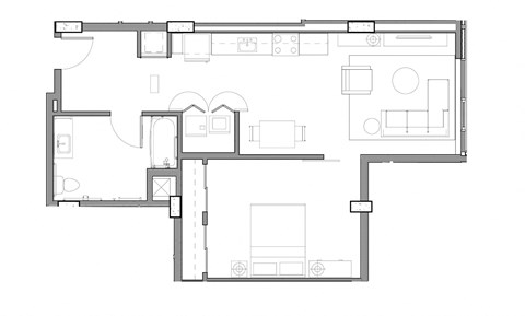 Floor plan for 1 bed, 1 bath, 729 sqft